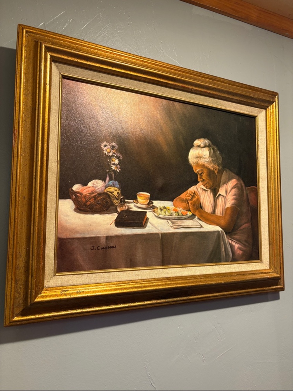 Vintage Figural Painting // “Saying Grace over a Meal" Signed- J. Coleman SET